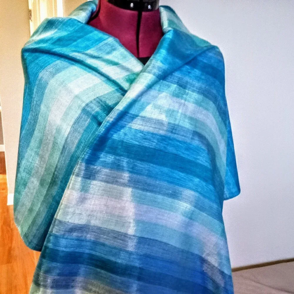 Handwoven Moroccan Blue Striped Oblong Scarf Wrap